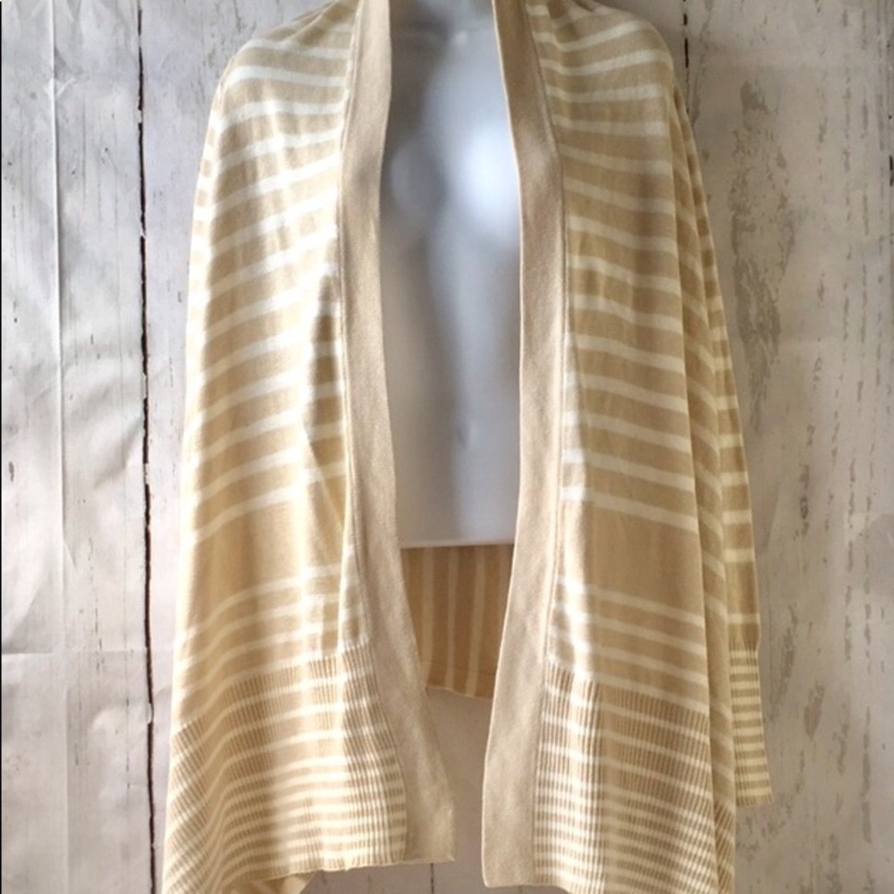 Katie Todd Tan & White Striped Open Cardigan Sweater Duster Soft